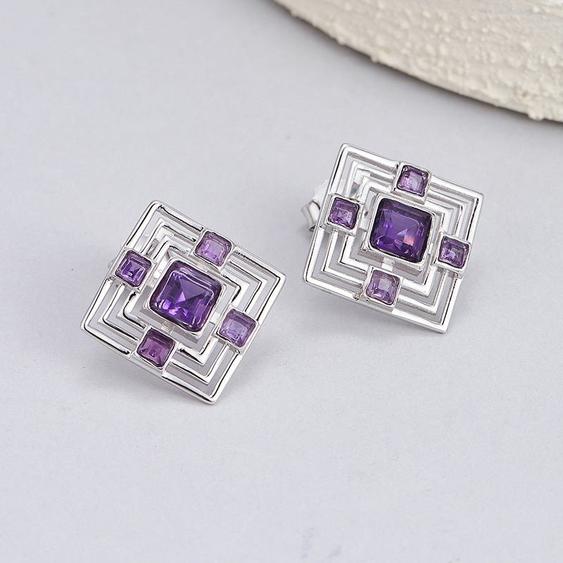 S925 silver natural amethyst stud earrings hollow rhombus high-end temperament versatile earrings light luxury