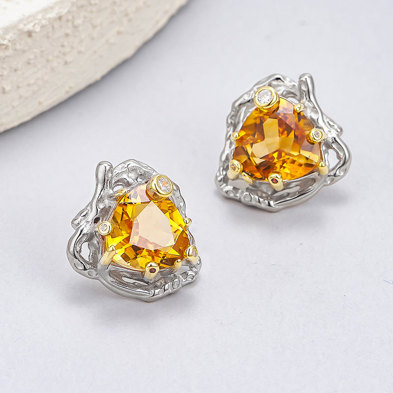 Citrine Triangle Stud Earrings | 925 Sterling Silver | Geometric Earrings