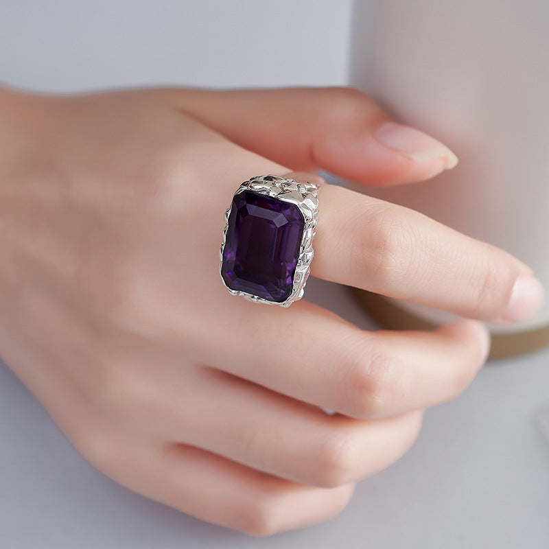 Bold Amethyst Statement Ring | 925 Sterling Silver | Textured Square Cocktail Ring