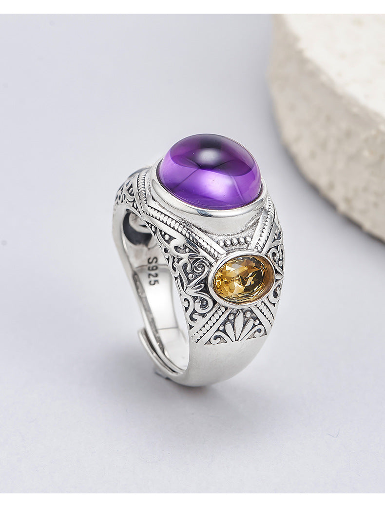 925 Silver Amethyst Adjustable Ring - Floral Vintage Design