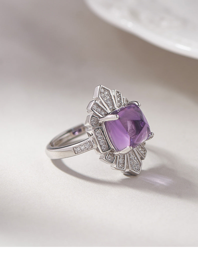 925 Sterling Silver Geometric Faceted Amethyst Open Ring - French Design