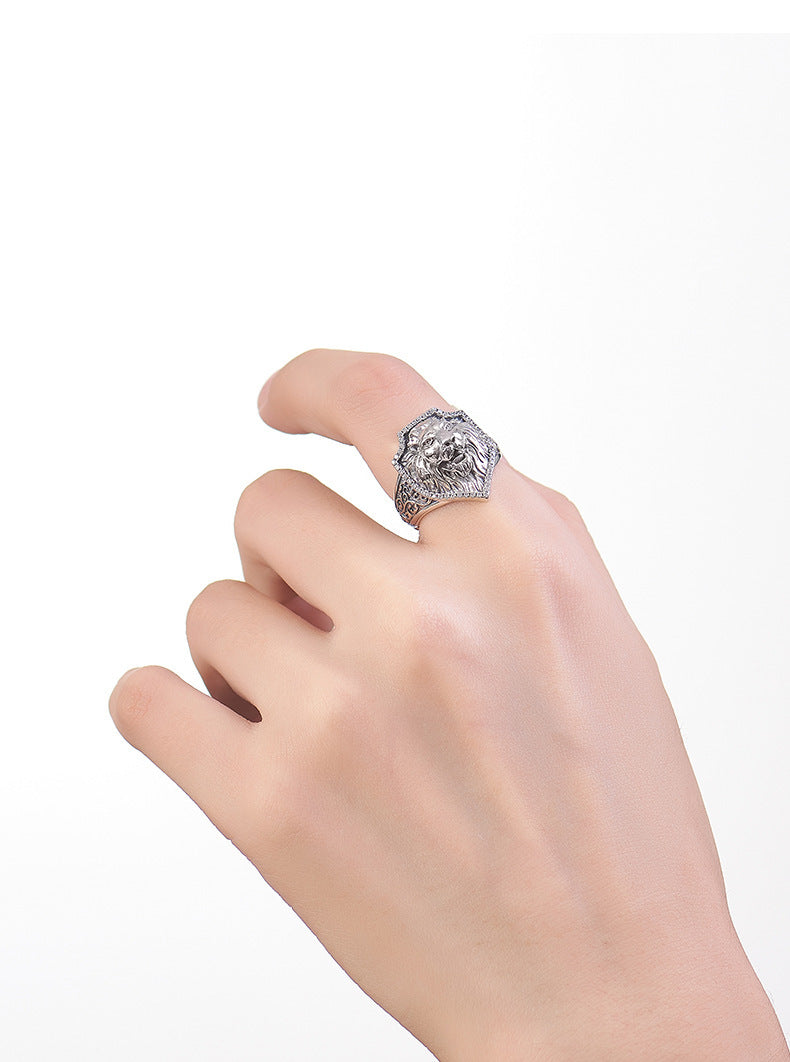 Lion Head Signet Ring - Arabesque Sterling Silver Statement Ring - Adjustable & Bold