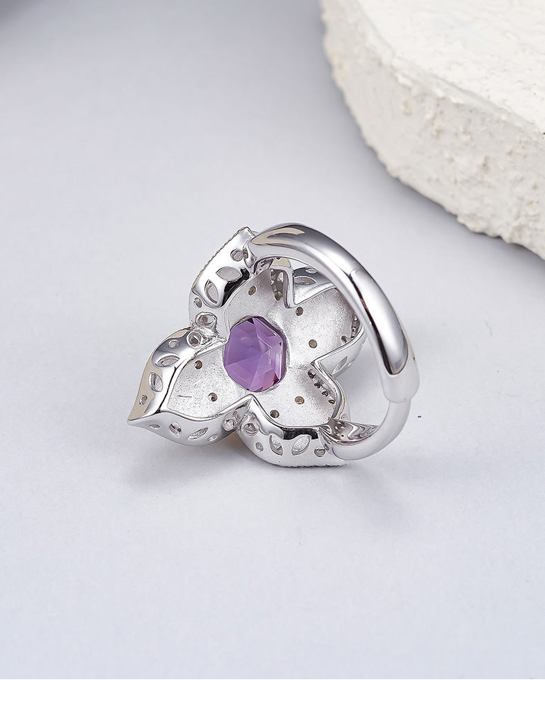 925 Sterling Silver Italian Faceted Amethyst Flower Open Ring