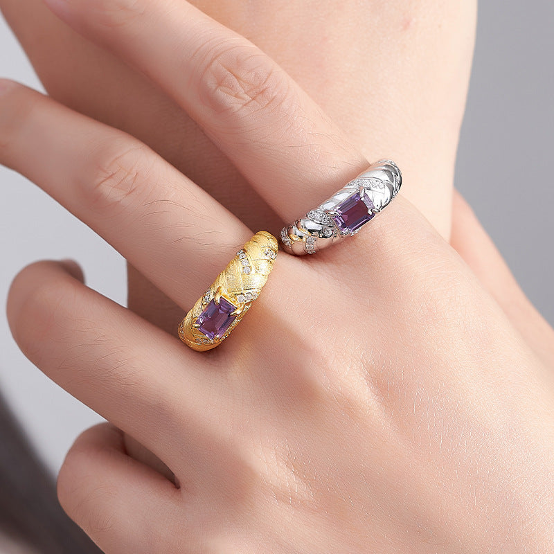 925 Sterling Silver Gold Plated Textured Amethyst Ring - Vintage Design