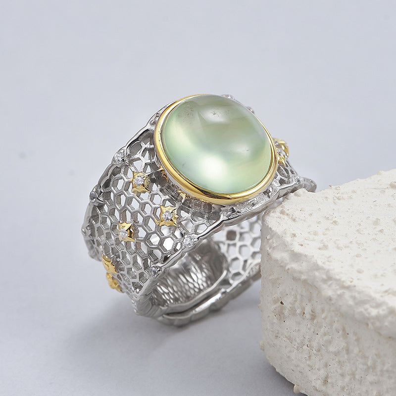 Hollow Lace Grape Stone Ring - 925 Silver Wide Band - Retro Geometric Design