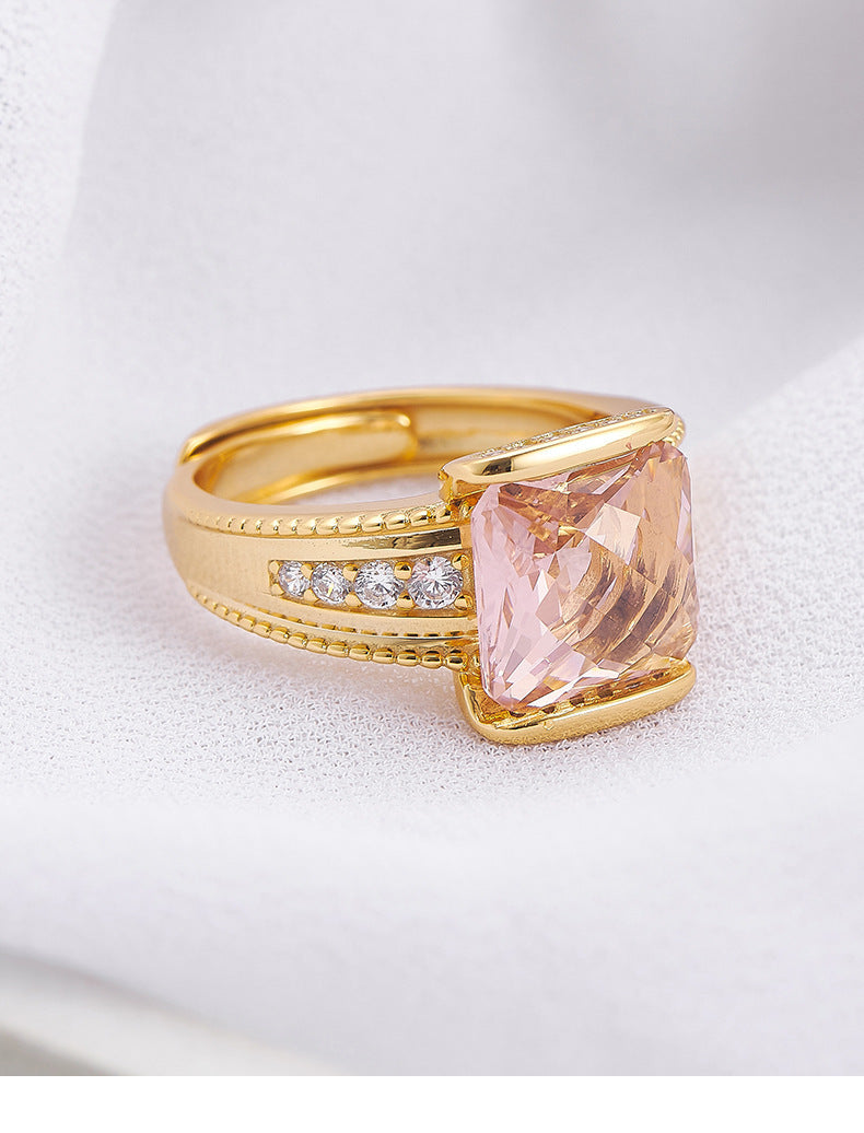 Faceted Amethyst Square Ring - 925 Sterling Silver Adjustable Open Band with Citrine Accents