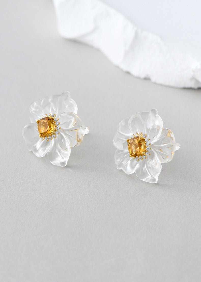 3D Flower Crystal Stud Earrings - 925 Silver Camellia Design - Citrine Accents