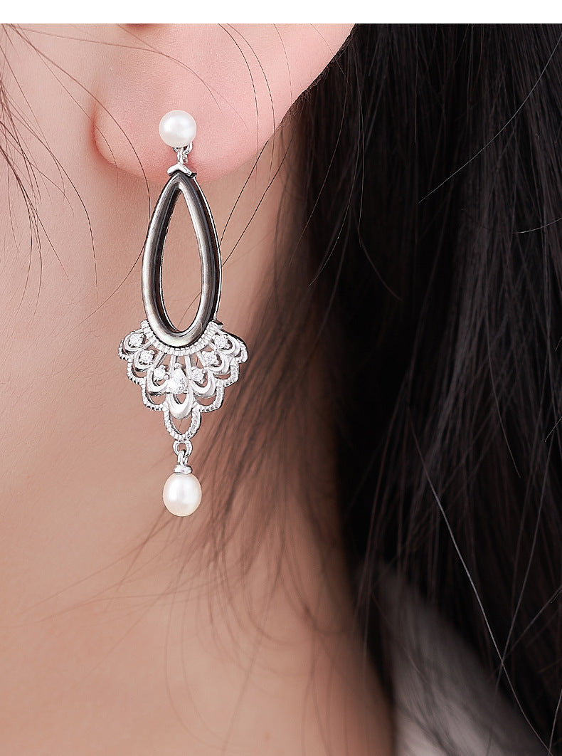 Teardrop Pearl Earrings - 925 Sterling Silver Openwork Long Drop with Black Shell