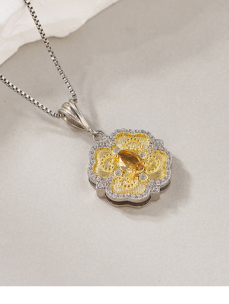 925 Sterling Silver Citrine Lace Pendant Necklace - Elegant Design