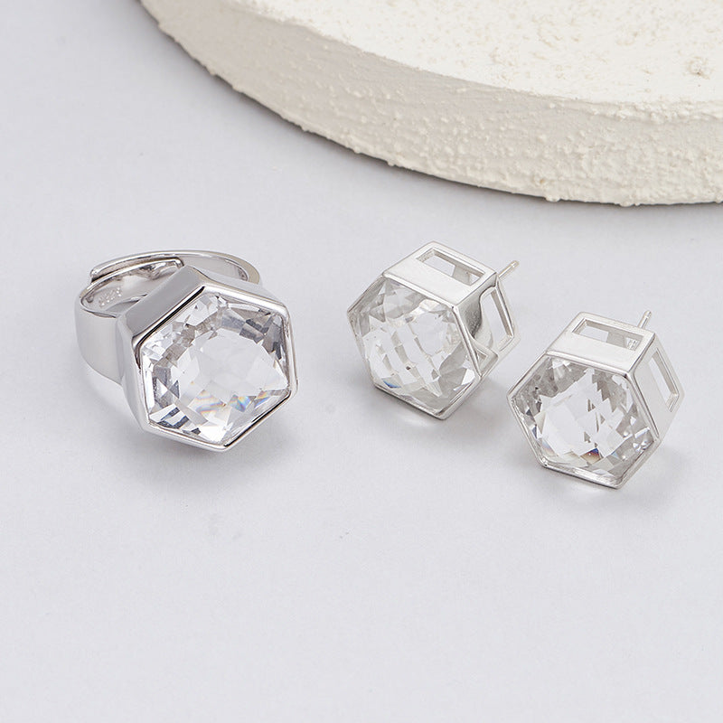 S925 silver rhombus white crystal heavy industry open ring design sense versatile temperament geometric stud earrings jewelry