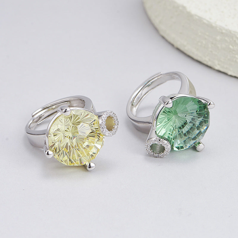 S925 silver light luxury niche design cutting surface round green crystal open ring versatile woman