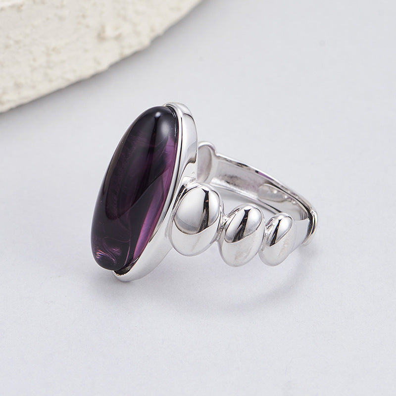 Geometric Natural Amethyst Ring - 925 Silver Cold Wind - Light Luxury Versatile Design