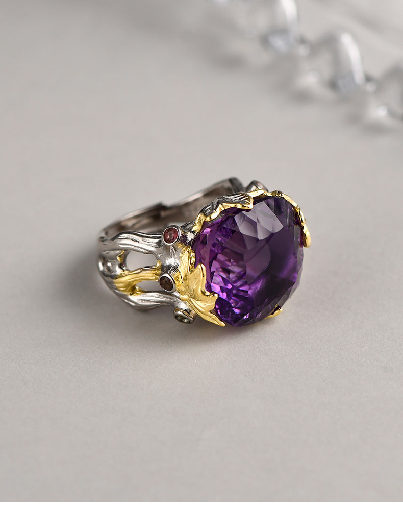 Retro Court Amethyst Ring - 925 Silver Gold-Plated Weave - Heavy Industry Statement Ring