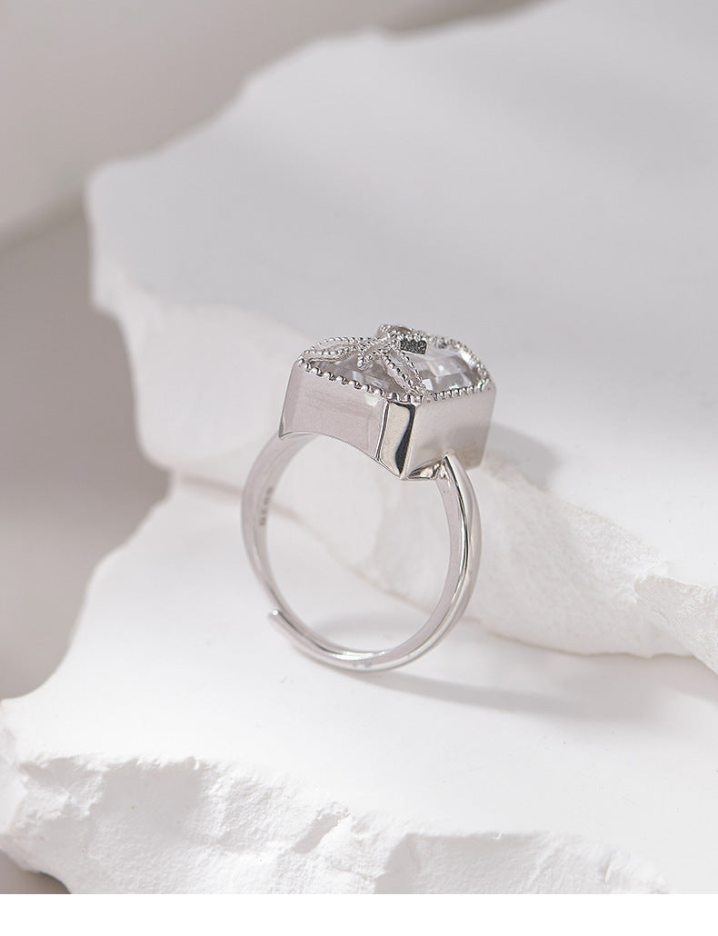 Square Wrapped Quartz Ring - 925 Sterling Silver Wire-Wrapped Adjustable Band
