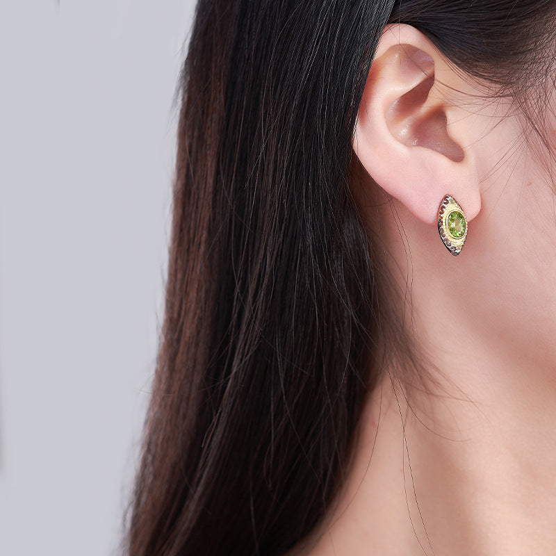 Two-Color Oval Peridot Earrings - 925 Silver Italian Craft - Vintage Court Geometry Set