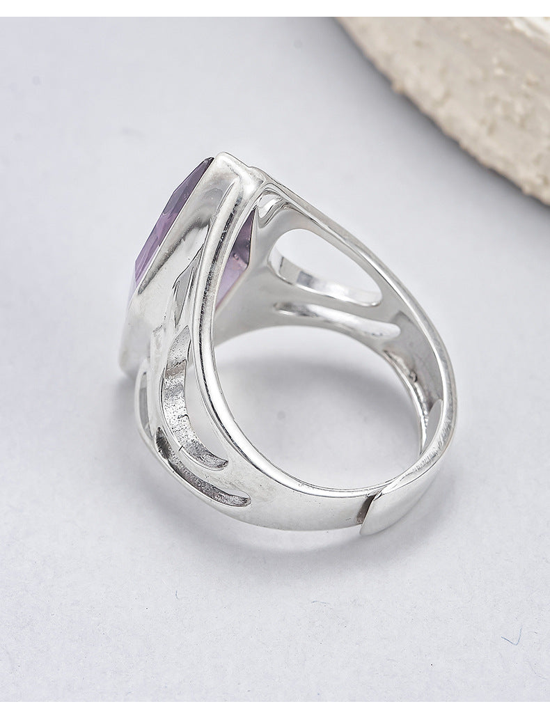 djustable Wide Band Ring - Oval Amethyst in 925 Sterling Silver - Openwork Filigree Design