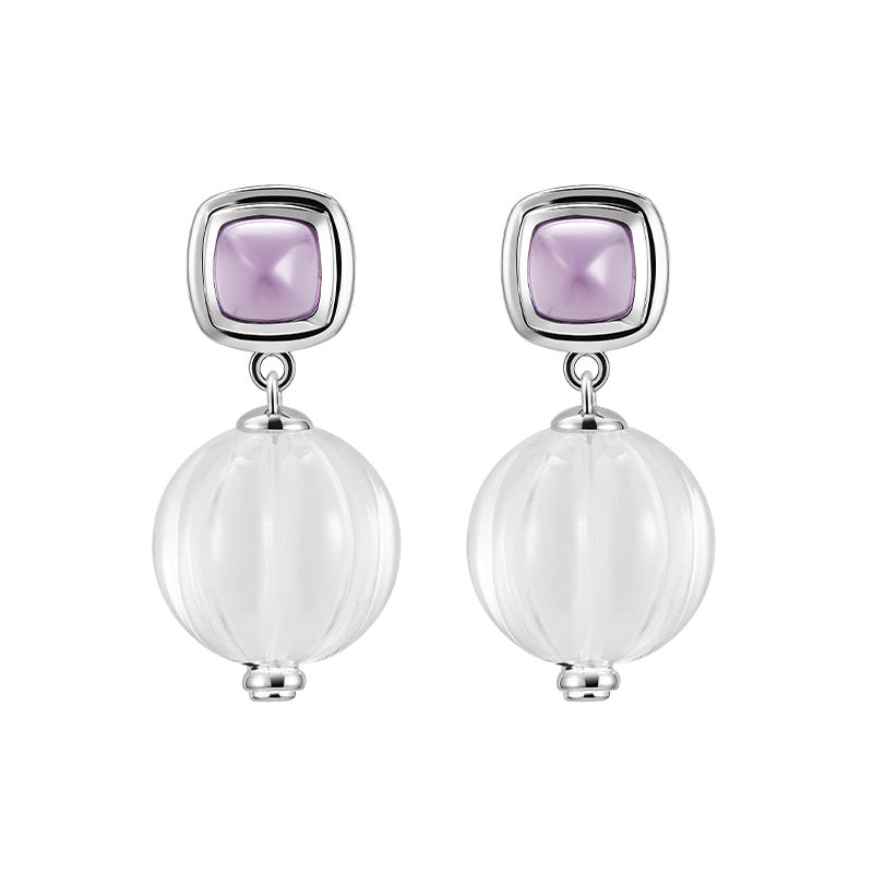 S925 silver rhombus hollow amethyst stud earrings pumpkin beads white crystal earrings simple niche design geometric set