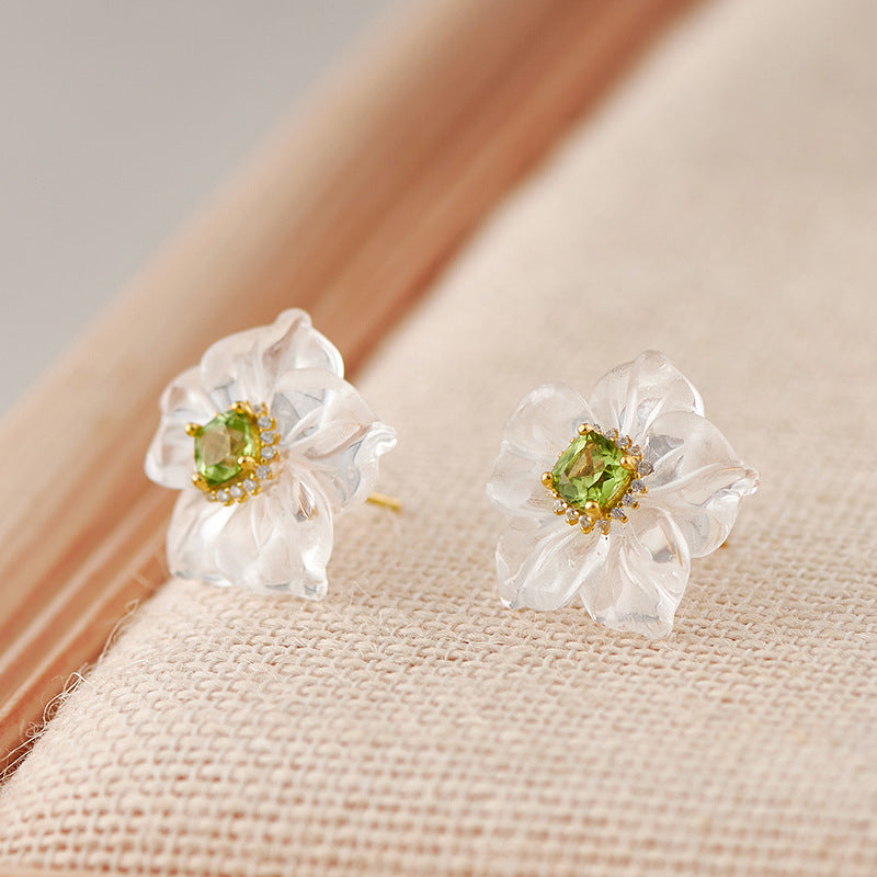 3D Flower Crystal Stud Earrings - 925 Silver Camellia Design - Citrine Accents