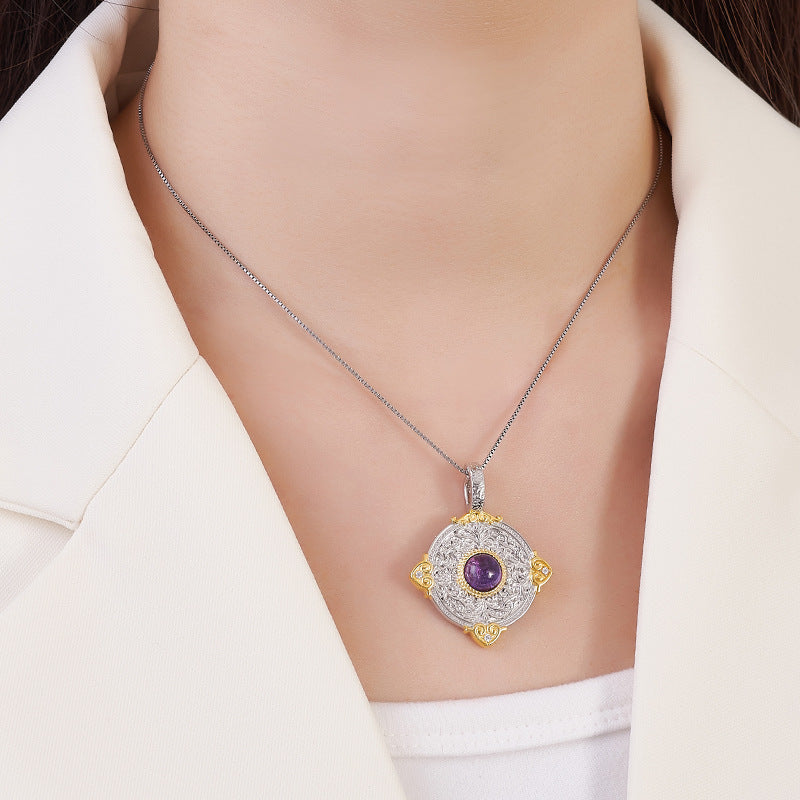 925 Sterling Silver Amethyst Double-Sided Round Pendant Necklace - Chinese Style