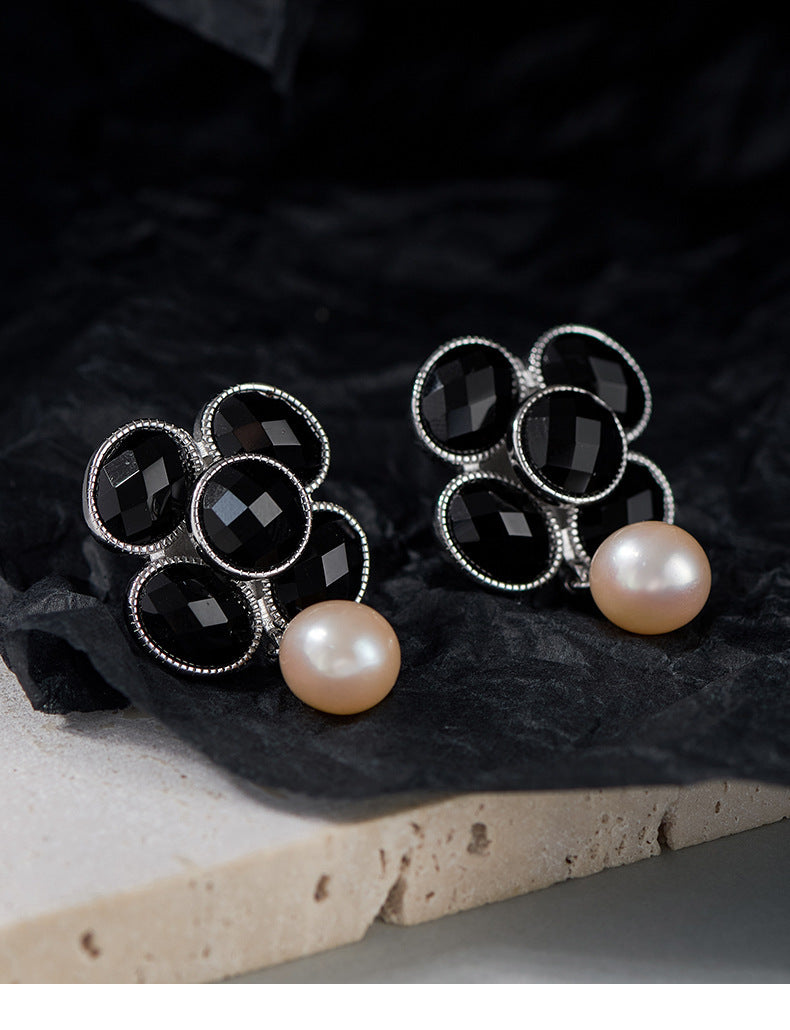 925 Sterling Silver Black Onyx Pearl Camellia Stud Earrings - French Design