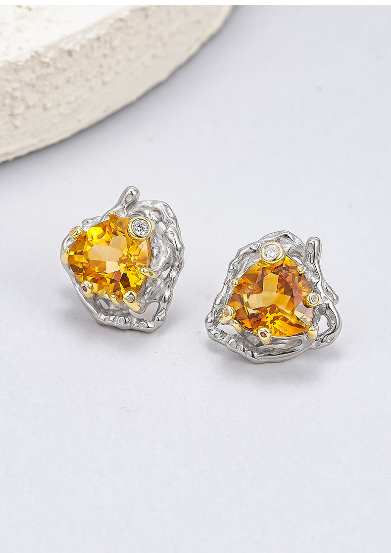 Citrine Triangle Stud Earrings | 925 Sterling Silver | Geometric Earrings