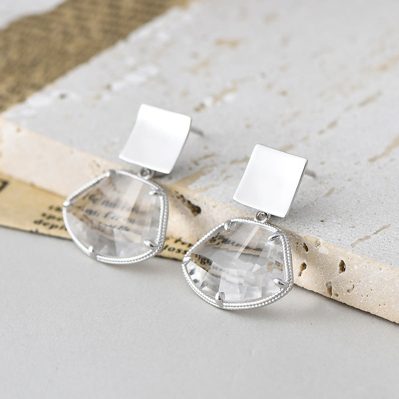 Fan-Shaped White Quartz Stud Earrings - 925 Sterling Silver Bezel Set Minimalist Design