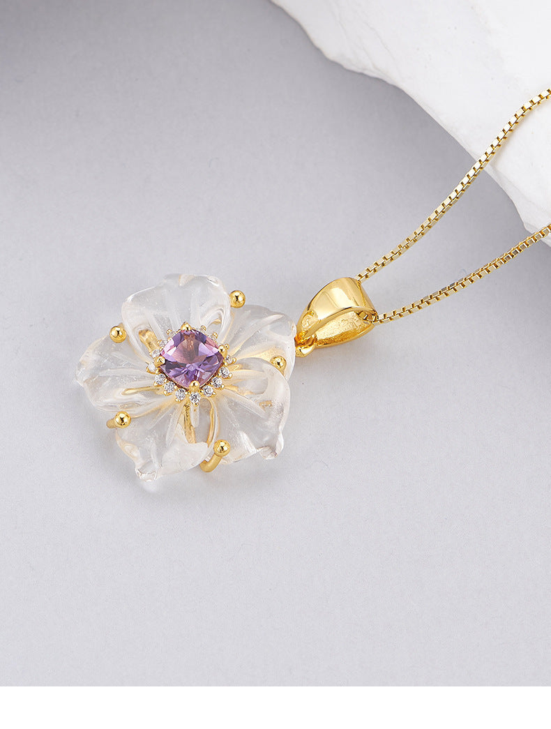 Zircon Crystal Flower Pendant - 925 Silver Micro-Inlaid - French Luxury Amethyst Necklace