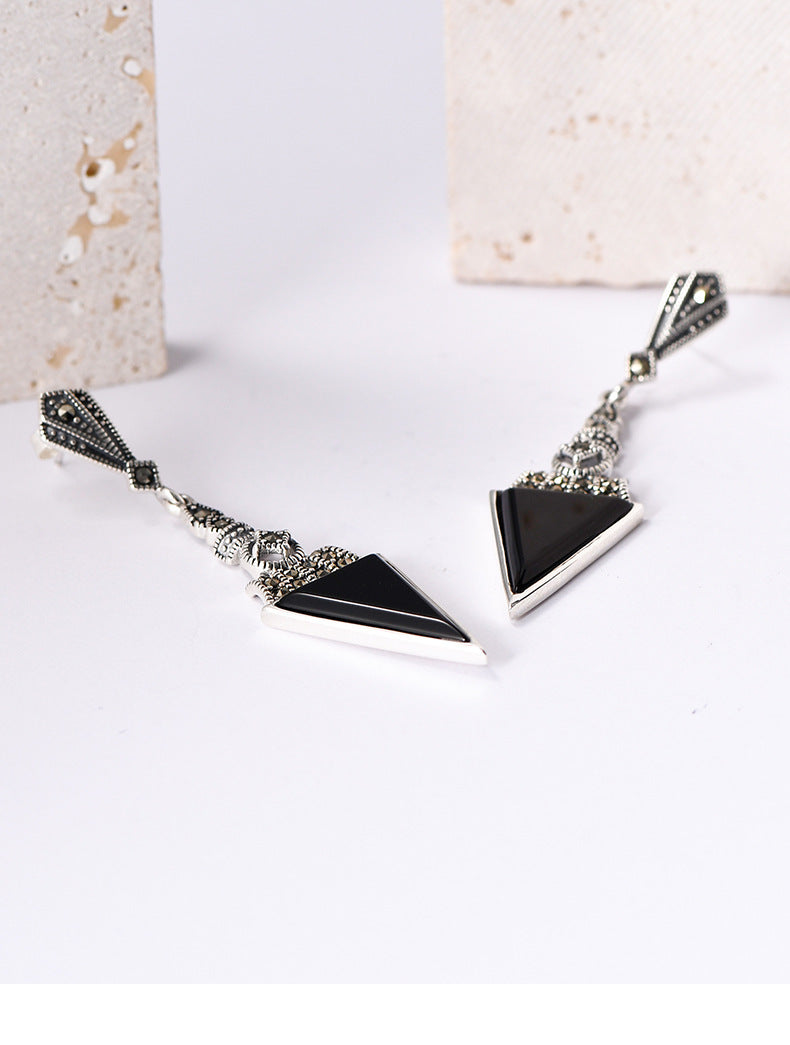 Statement Diamond-Shaped Earrings - 925 Sterling Silver with Black Onyx Triangle Accents