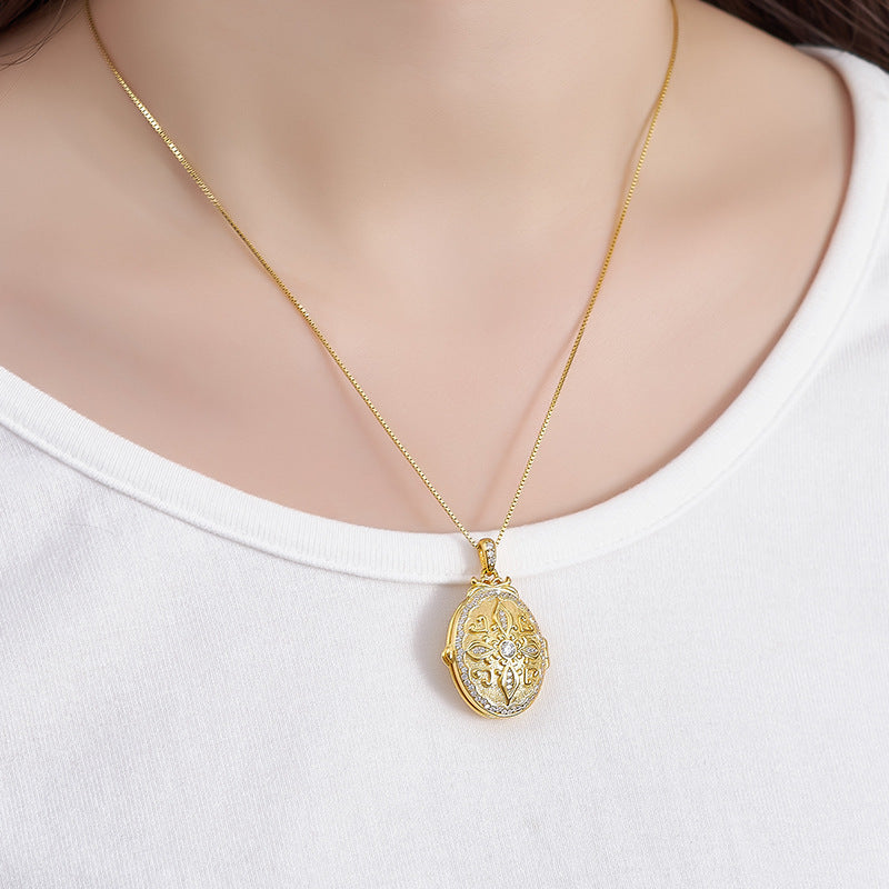 S925 silver pattern oval photo box heart-shaped couple necklace niche texture pendant can be opened for photos