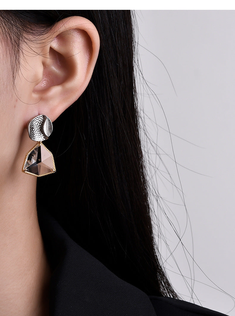 925 Sterling Silver Geometric Crystal Stud Earrings - French Gold Edge Design