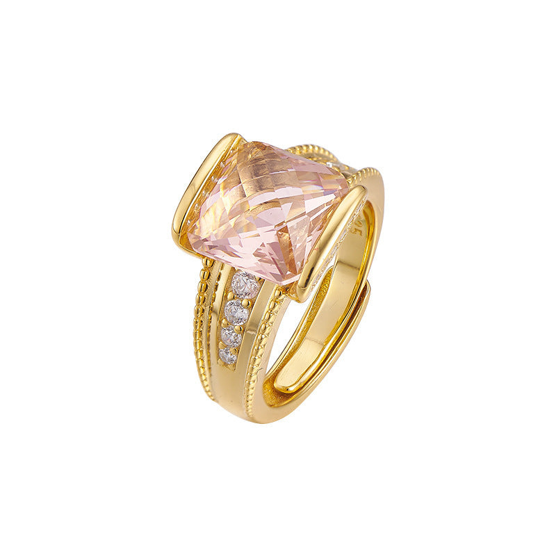 Faceted Amethyst Square Ring - 925 Sterling Silver Adjustable Open Band with Citrine Accents