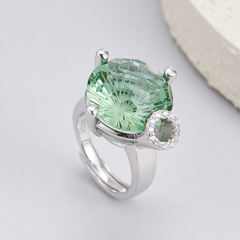 S925 silver light luxury niche design cutting surface round green crystal open ring versatile woman