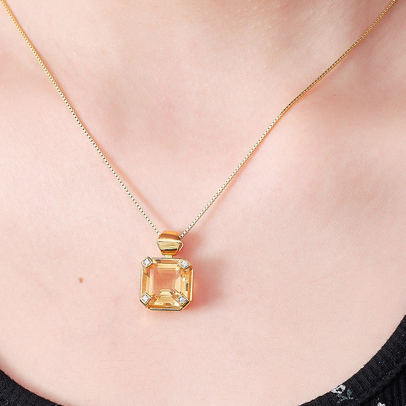 S925 silver simple and fashionable sugar cube citrine pendant light luxury niche design geometric collarbone necklace