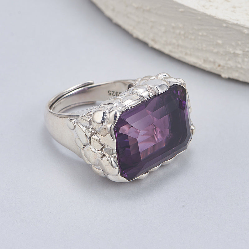 Bold Amethyst Statement Ring | 925 Sterling Silver | Textured Square Cocktail Ring