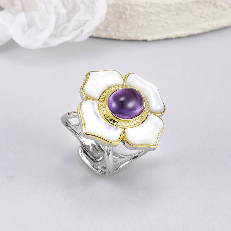 925 Sterling Silver White Shell Camellia Citrine Adjustable Ring