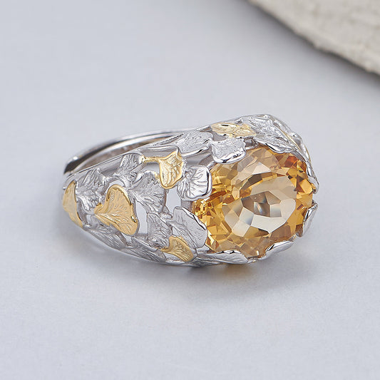 Ginkgo Leaf Citrine Ring | 925 Sterling Silver | Italian Craftsmanship