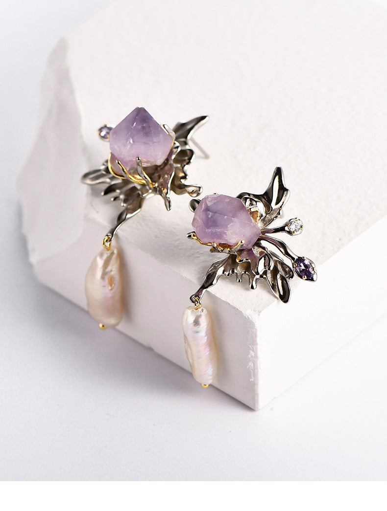 925 Sterling Silver Amethyst Stud Earrings - Baroque Vintage Design