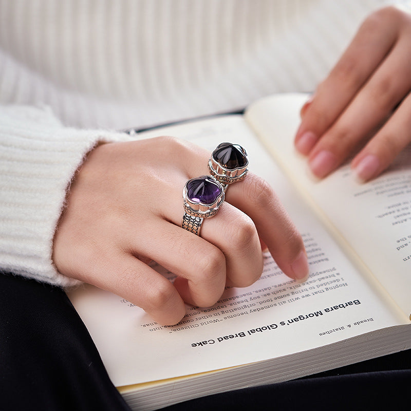 S925 silver natural amethyst plum blossom wide version ring retro niche design tea crystal index finger ring women