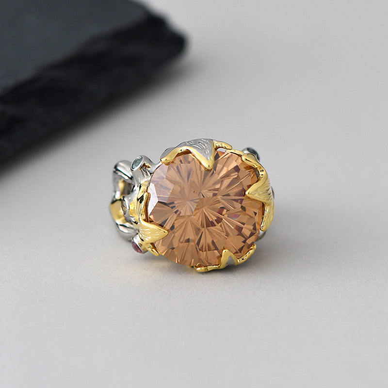 Retro Court Amethyst Ring - 925 Silver Gold-Plated Weave - Heavy Industry Statement Ring
