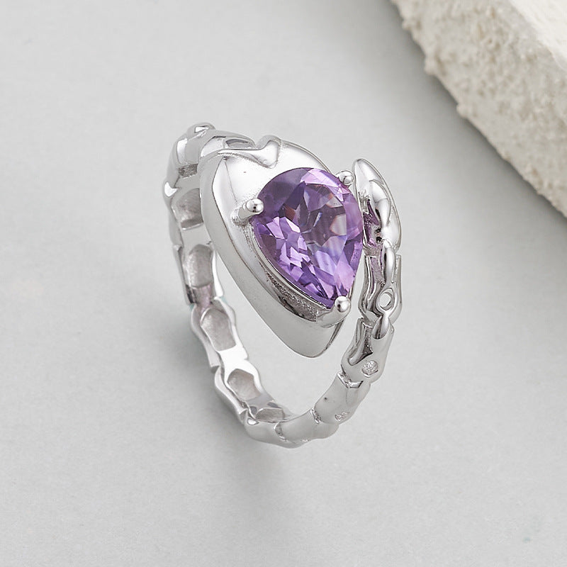 Serpent Amethyst Ring - 925 Sterling Silver Adjustable Band with Teardrop Stone