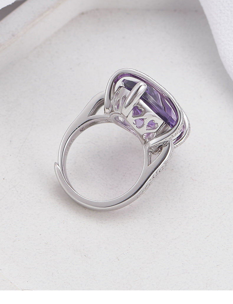 925 Sterling Silver Geometric Amethyst Open Ring