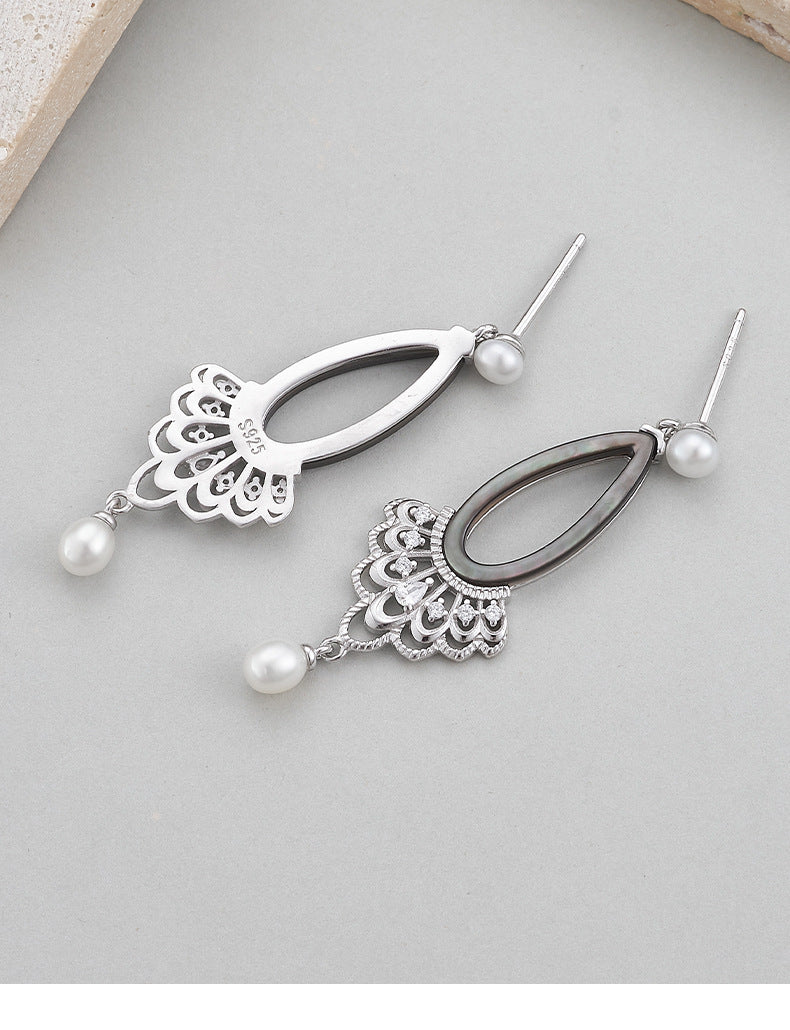 Teardrop Pearl Earrings - 925 Sterling Silver Openwork Long Drop with Black Shell
