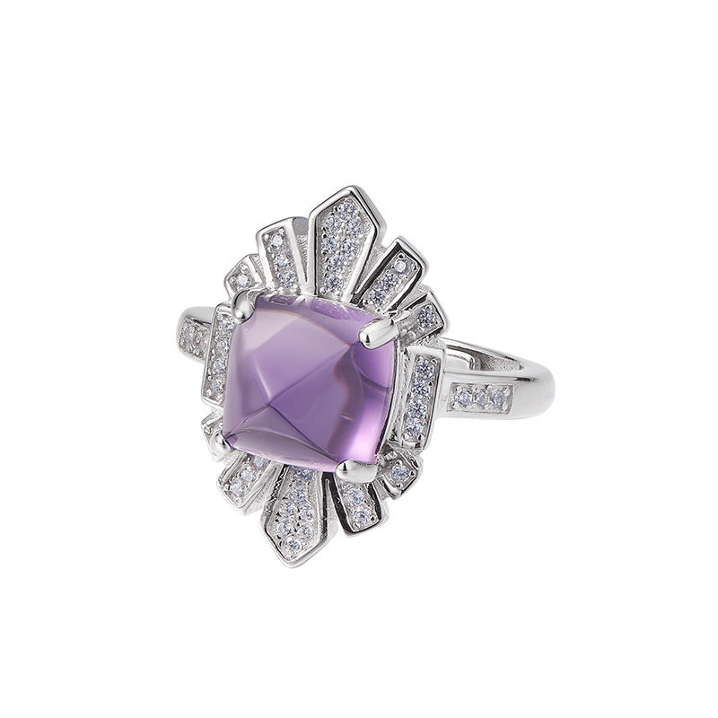 925 Sterling Silver Geometric Faceted Amethyst Open Ring - French Design