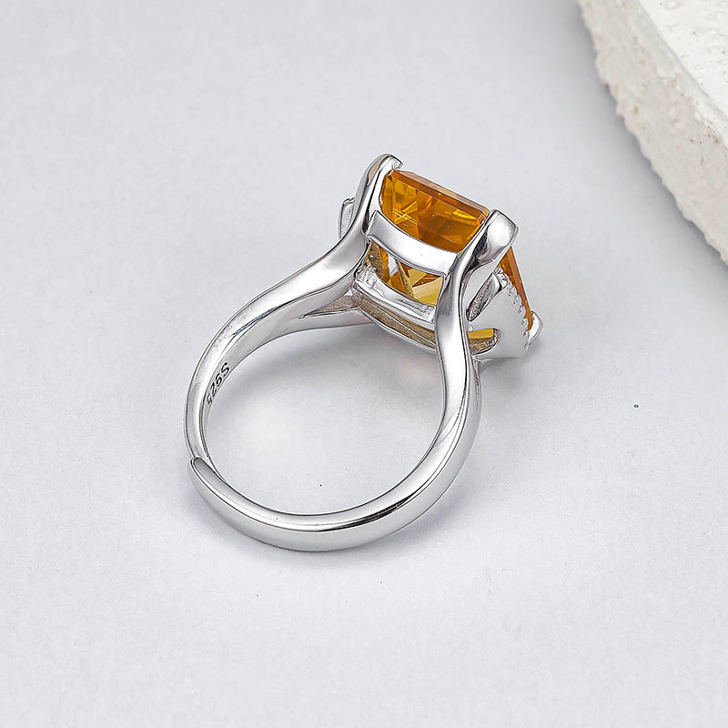 S925 Silver Delicate Fashion Cut Citrine Geometric Open Ring Simple Versatile Temperament Square Index Finger Ring Women