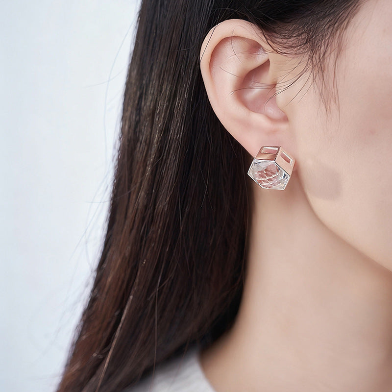 S925 silver rhombus white crystal heavy industry open ring design sense versatile temperament geometric stud earrings jewelry