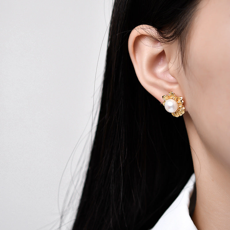 925 Sterling Silver Pearl Flower Stud Earrings - Vintage Design