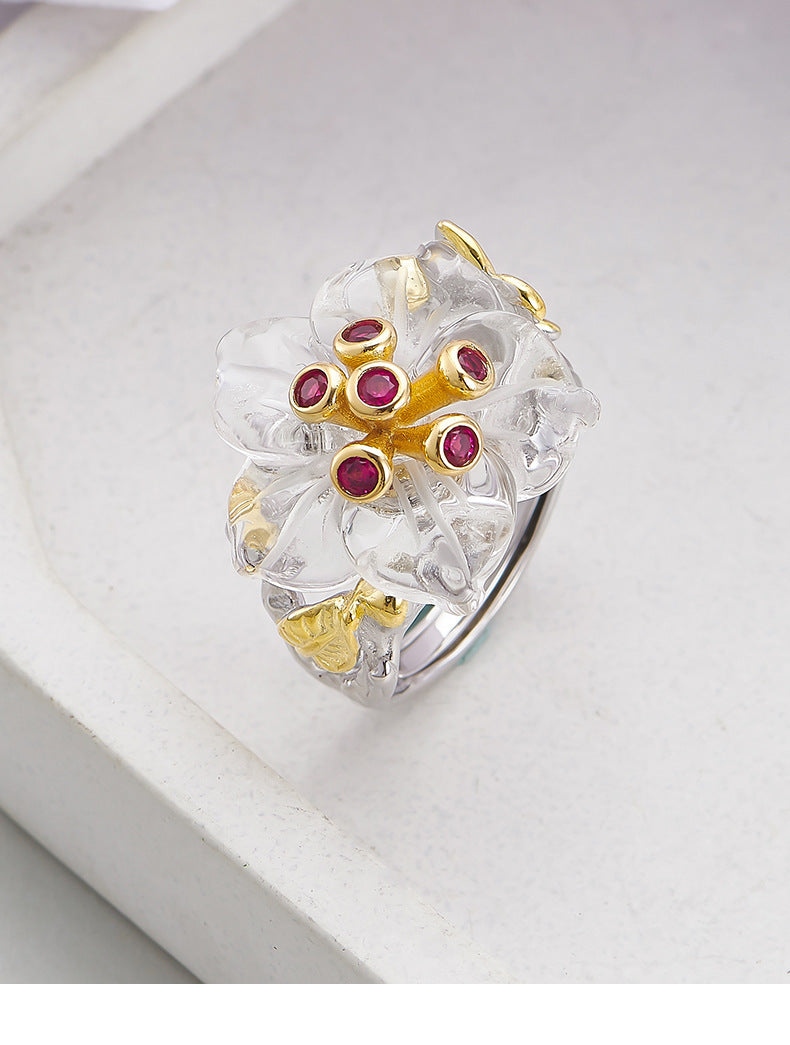 Floral White Quartz & Ruby Ring - 925 Sterling Silver Adjustable Band with Gemstone Accents
