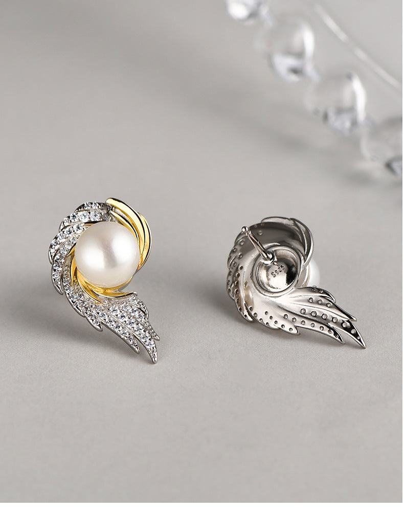 925 Sterling Silver Angel Wing Pearl Stud Earrings - French Vintage Design