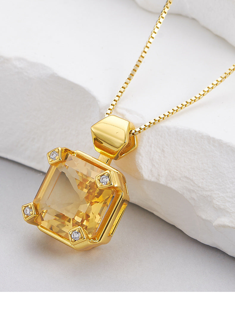 S925 silver simple and fashionable sugar cube citrine pendant light luxury niche design geometric collarbone necklace