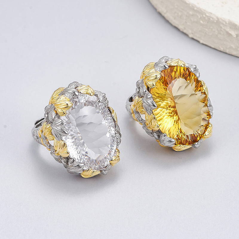 Hollow Leaf Crystal Ring - 925 Silver Exaggerated Design - Statement Citrine Index Finger Ring